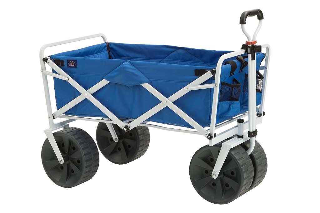 blue and silver beach cart