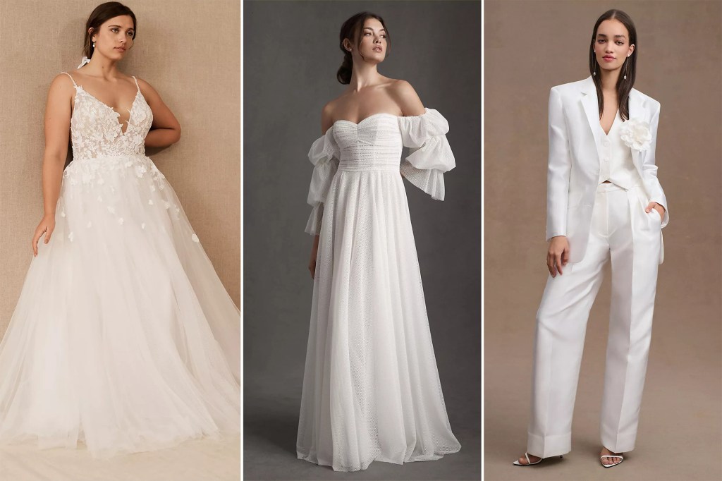 model wearing tulle lace wedding dress, model wearing off shoulder ruched dress, model wearing white silk suit