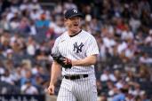 New York Yankees starting pitcher Gerrit Cole (45) reacts as he walks back to the dugout after getting Twinsâ Christian Vazquez to ground out and end the eighth inning at Yankee Stadium, Sunday, April 16, 2023, in Bronx, NY.