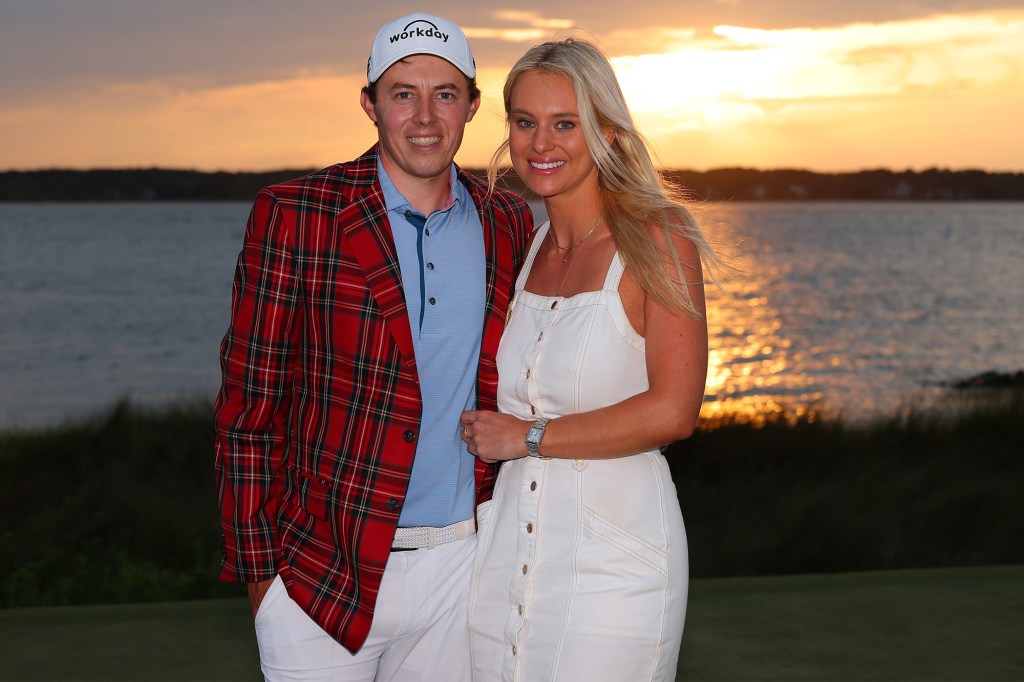 Matt Fitzpatrick celebrates his RBC Heritage win with girlfriend Katherine Gaal on April 16, 2023.