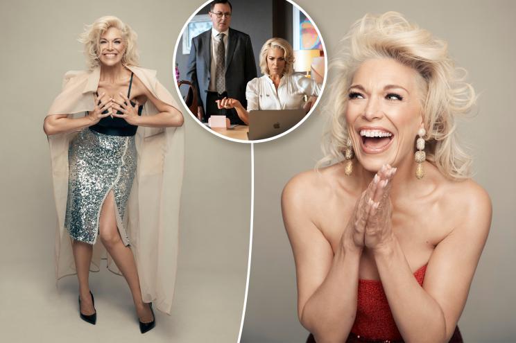 Side by sides of Hannah Waddingham modeling clothes.