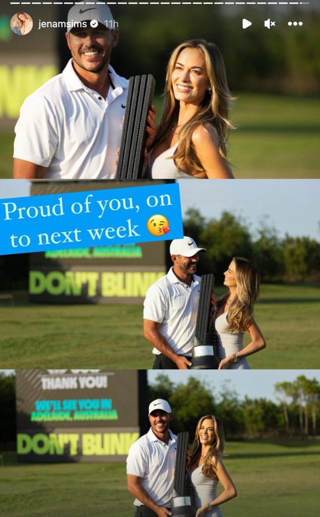 Brooks Koepka celebrates his LIV Golf Orlando victory with wife Jena Sims in April 2023.
