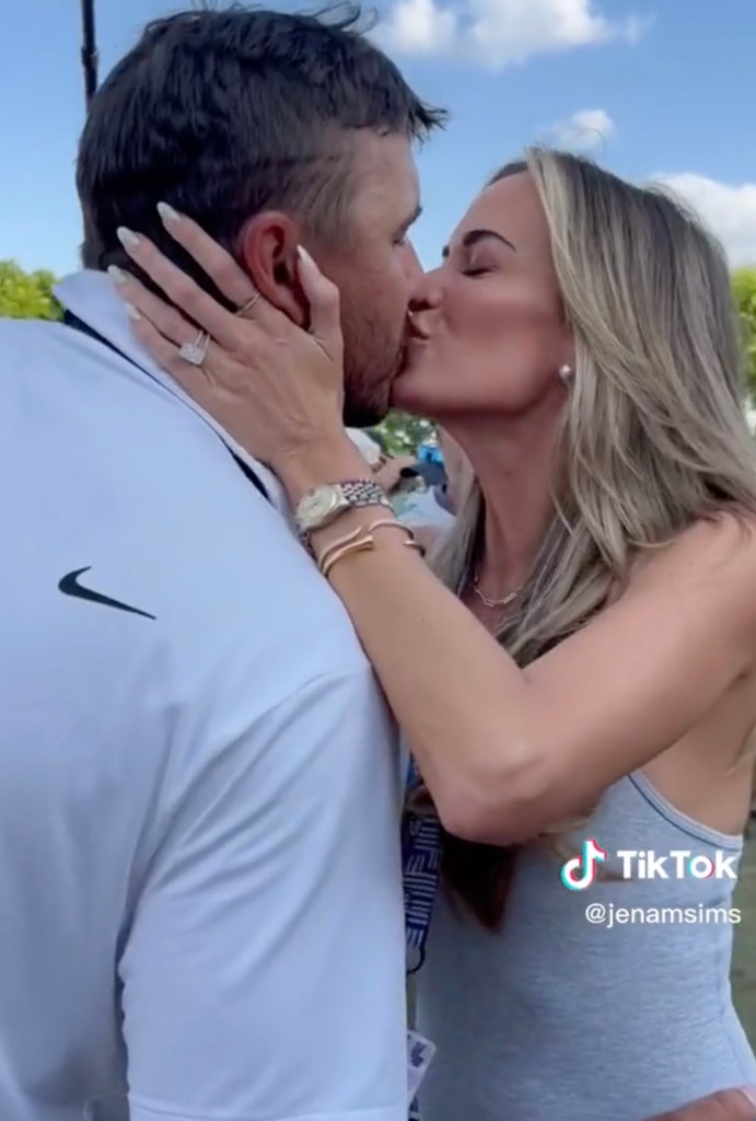 Brooks Koepka celebrates his LIV Golf Orlando victory with wife Jena Sims in April 2023.