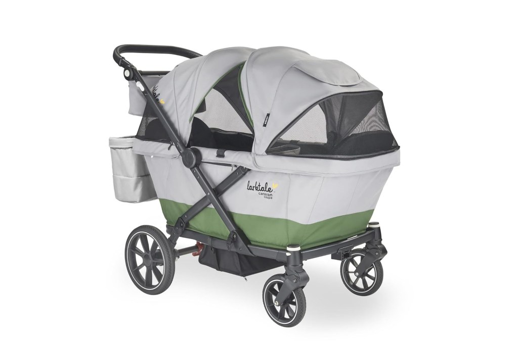 A grey and green double stroller