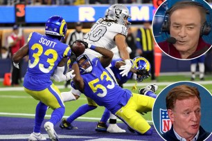 Al Michaels (top right) and Roger Goodell (bottom right) might be pleased to get rid of lousy late-season NFL matchups such as this 2022 Rams-Raiders game on Thursday nights on Amazon Prime Video.