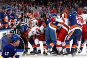 The Islanders brawl with the Hurricanes after their 5-1 Game 3 win. Veteran Matt Martin (inset) predicted after Game 2 that this series was going to get even more physical and chippy.