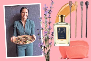 Padma Lakshmi side by side with some of her favorite products.
