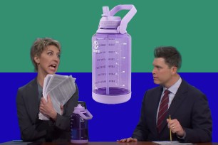 SNL cast members Heidi Gardener and Colin Jost and a purple water bottle