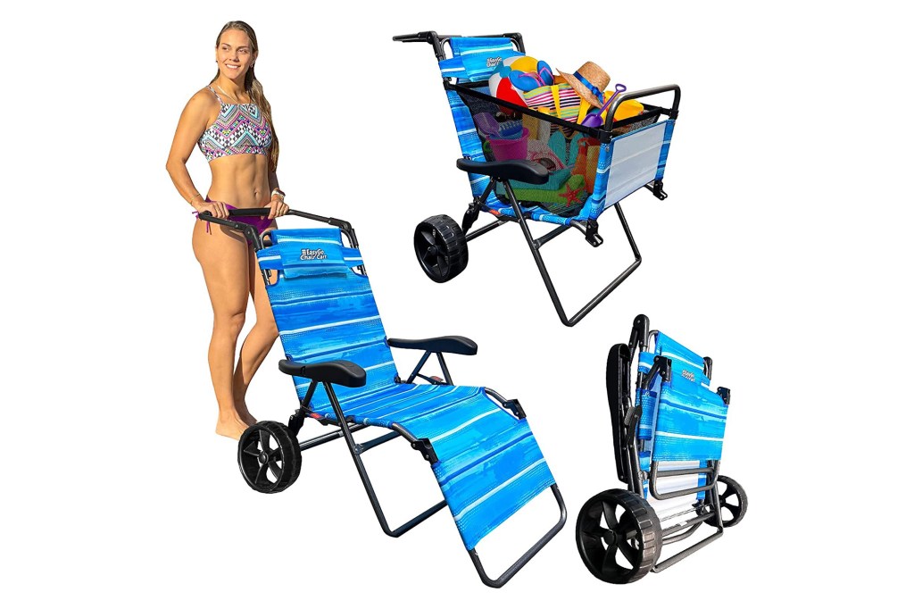 blue striped convertible beach cart to chair 