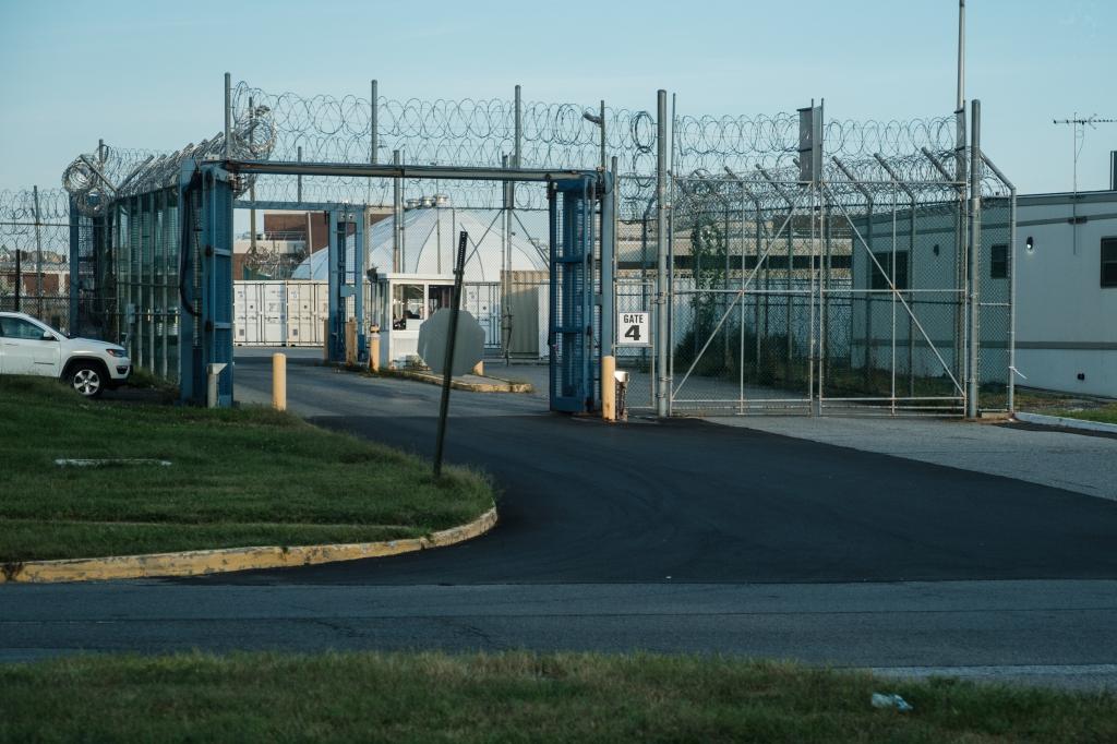 A view of Rikers Island buildings from the press bus.