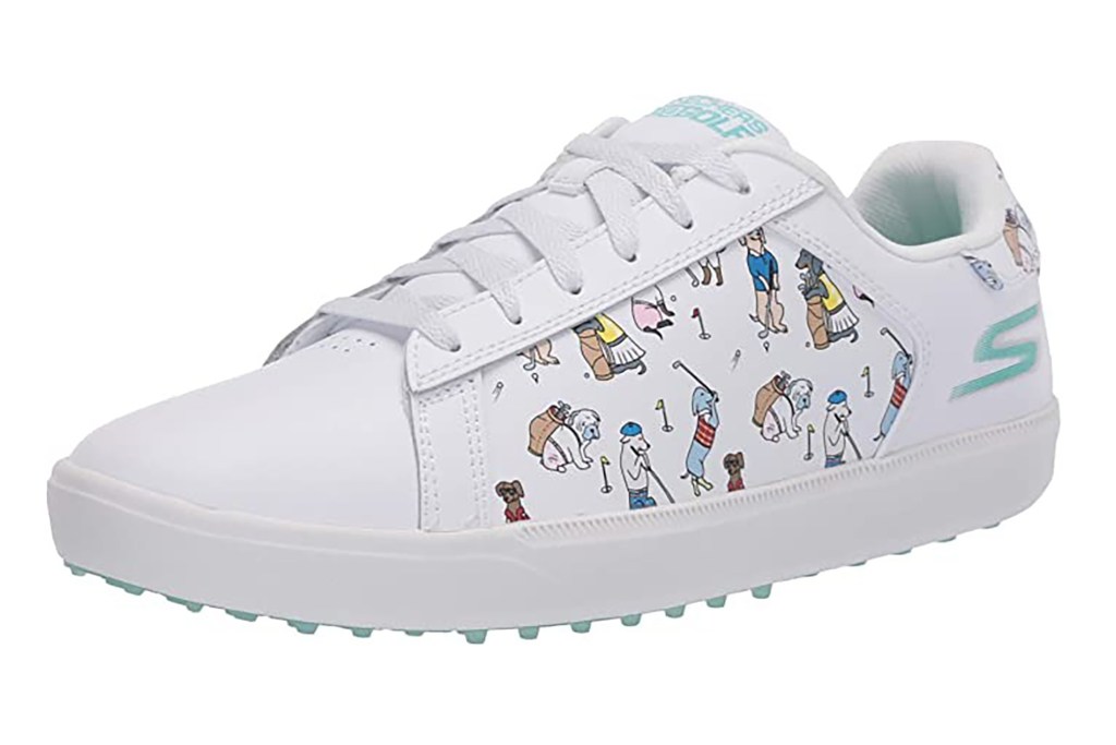 A white sneaker with golfing dogs 