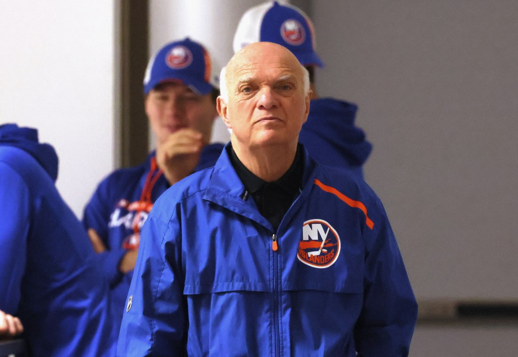 General Manager Lou Lamoriello of the New York Islanders attends practice 