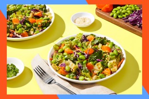 A picture of a HelloFresh prepared meal including edamame salad with oranges