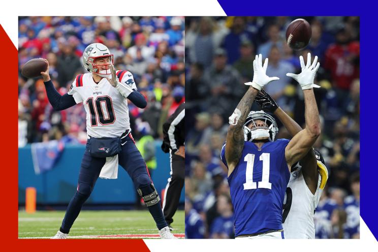 New England Patriots quarterback Mac Jones (L) throws the pigskin and Indianapolis Colts receiver Michael Pittman Jr. catches a pass.