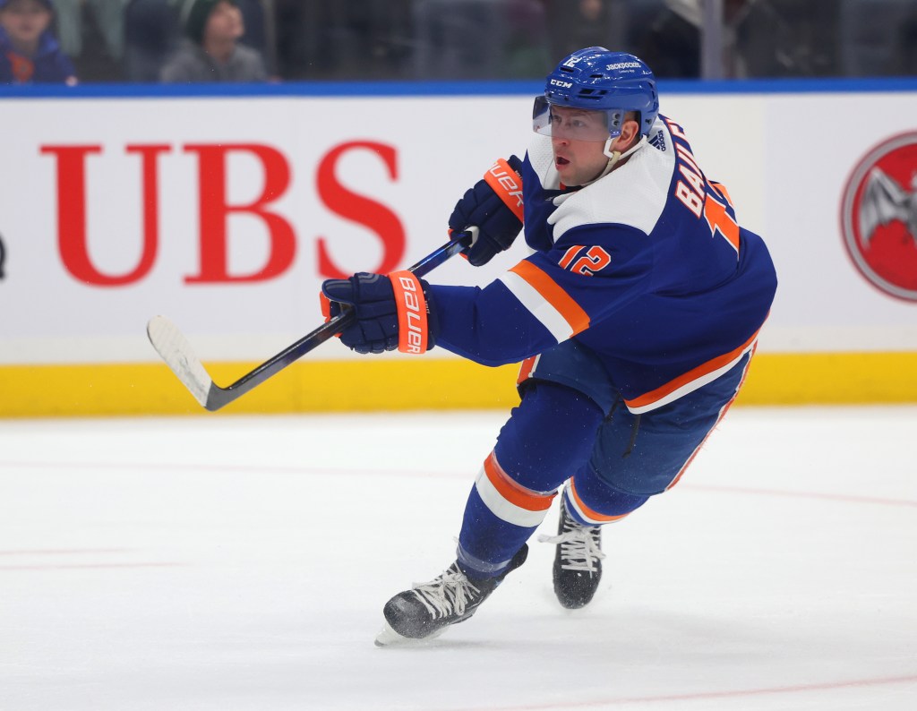 Josh Bailey #12 of the New York Islanders takes a shot during the first period