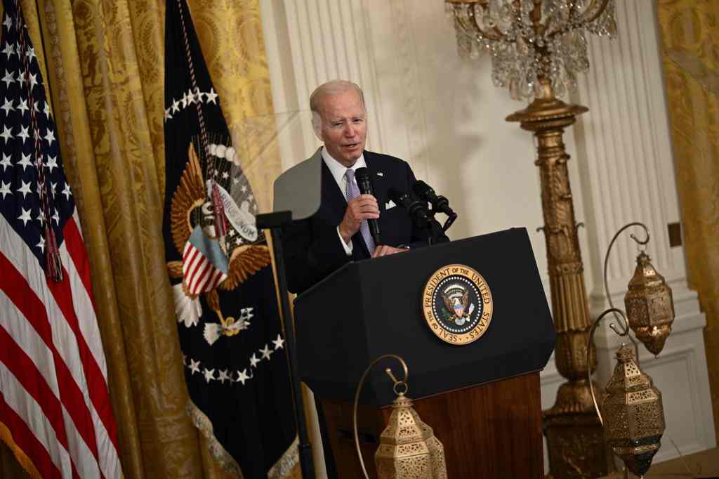 US President Joe Biden speaks during a reception celebrating Eid-al-Fitr.