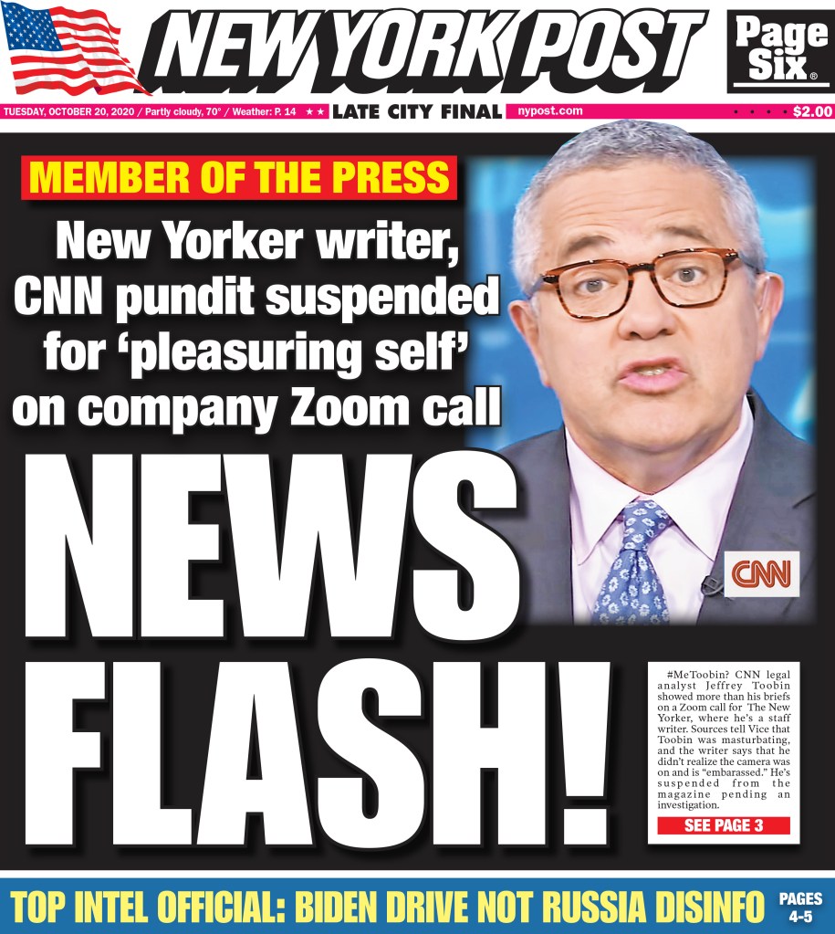 NY Post front cover featuring Jeffrey Toobin with the headline: NEWS FLASH!