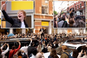 A day after his copyright trial victory, Sheeran performed on top of a car in SoHo on Friday.