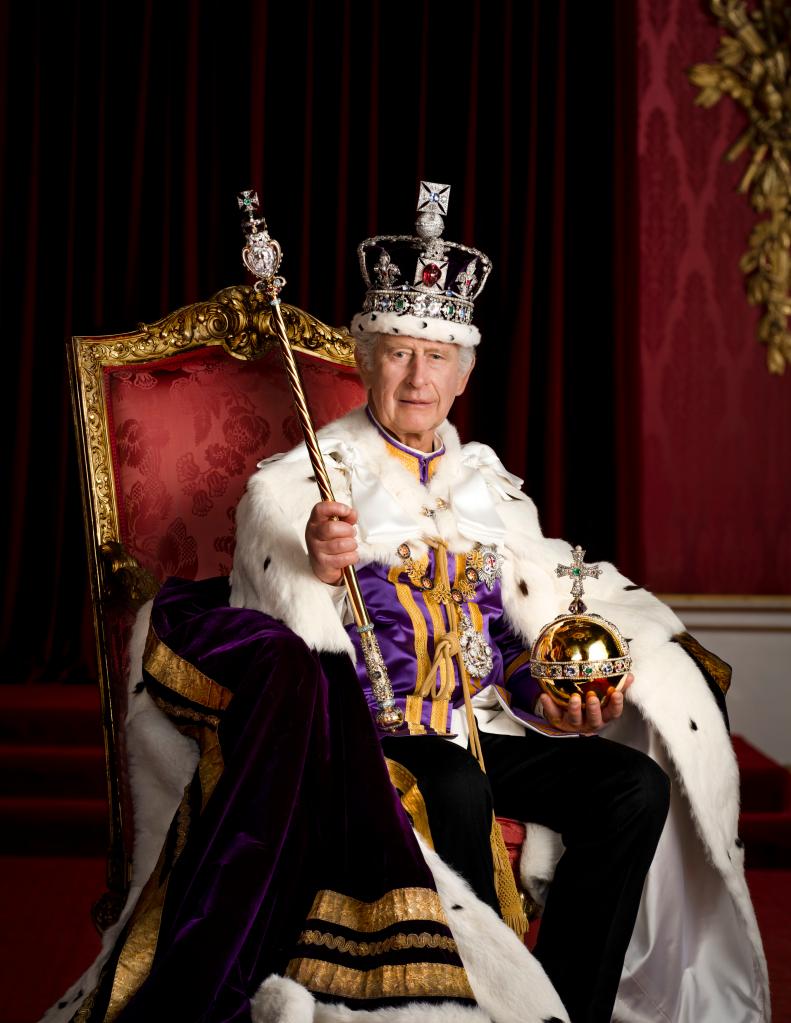 King Charles III in official coronation pics.