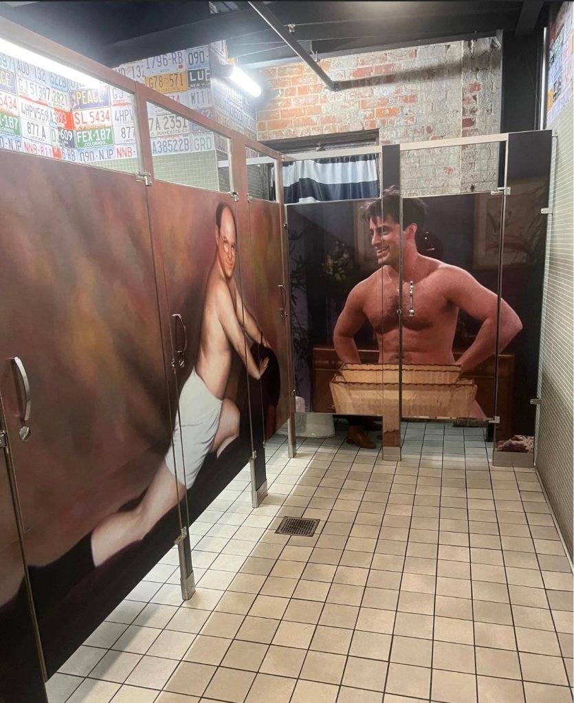 A bathroom stall at Second Rodeo Brewing in Forth Worth, Texas which featured actor Jason Alexander posing in his underwear from the hit  NBC sitcom "Seinfeld" went viral Sunday on Twitter.