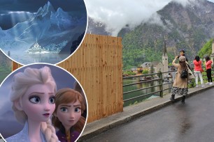 A provisional wooden fence is partially blocking the beautiful view alongside stills from "Frozen."