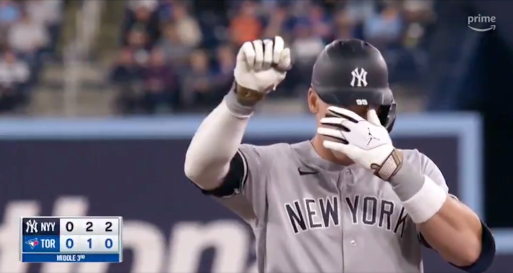 Aaron Judge covered his eyes after singling on Wednesday.