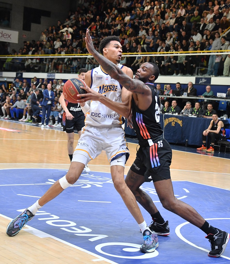 Victor Wembanyama of Metropolitan92 in action during the LNB Pro A Betclic Elite basketball match between Boulogne-Levallois v Paris Basket at Palais des sports Marcel-Cerdan in Paris, France, on May 16, 2023. 