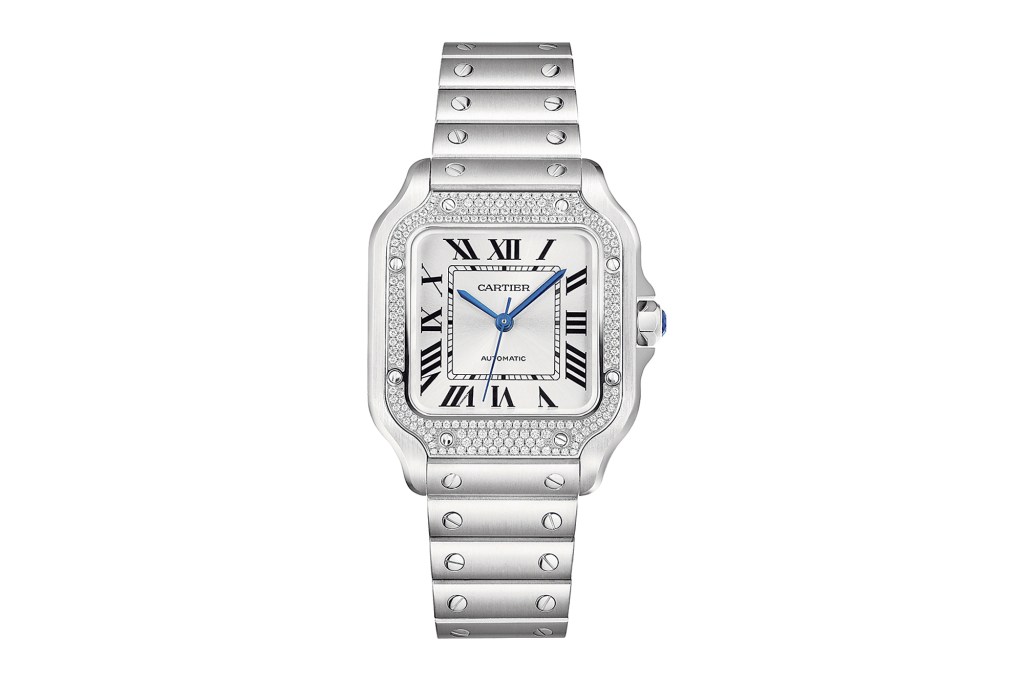 Close up of a Cartier Santos De Cartier watch in steel with diamonds.