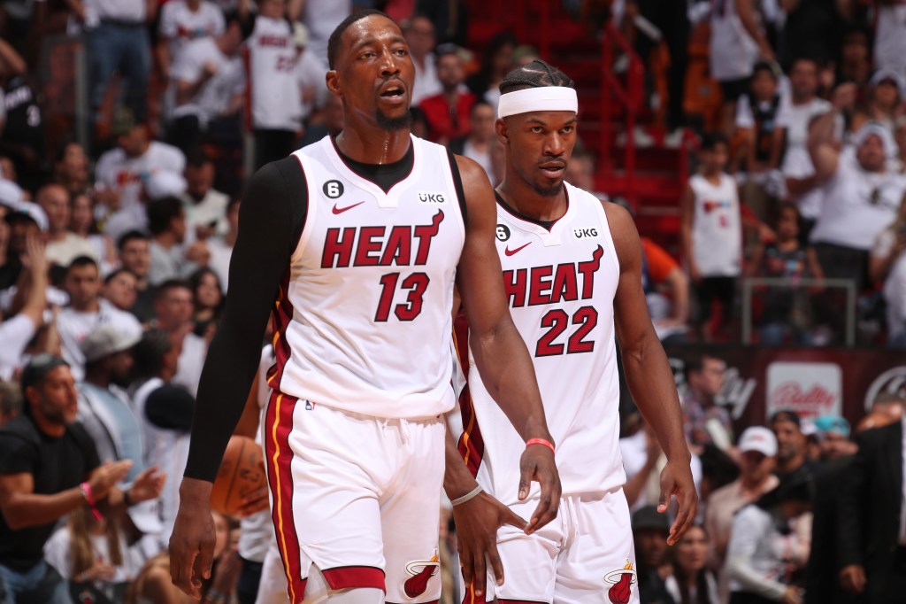 Bam Adebayo #13 of the Miami Heat and Jimmy Butler #22 have a familiar foe on Wednesday