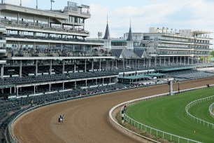 A general view of the track from the new seating and viewing area on the first turn during the morning training for the Kentucky Derby at Churchill Downs on April 30, 2023