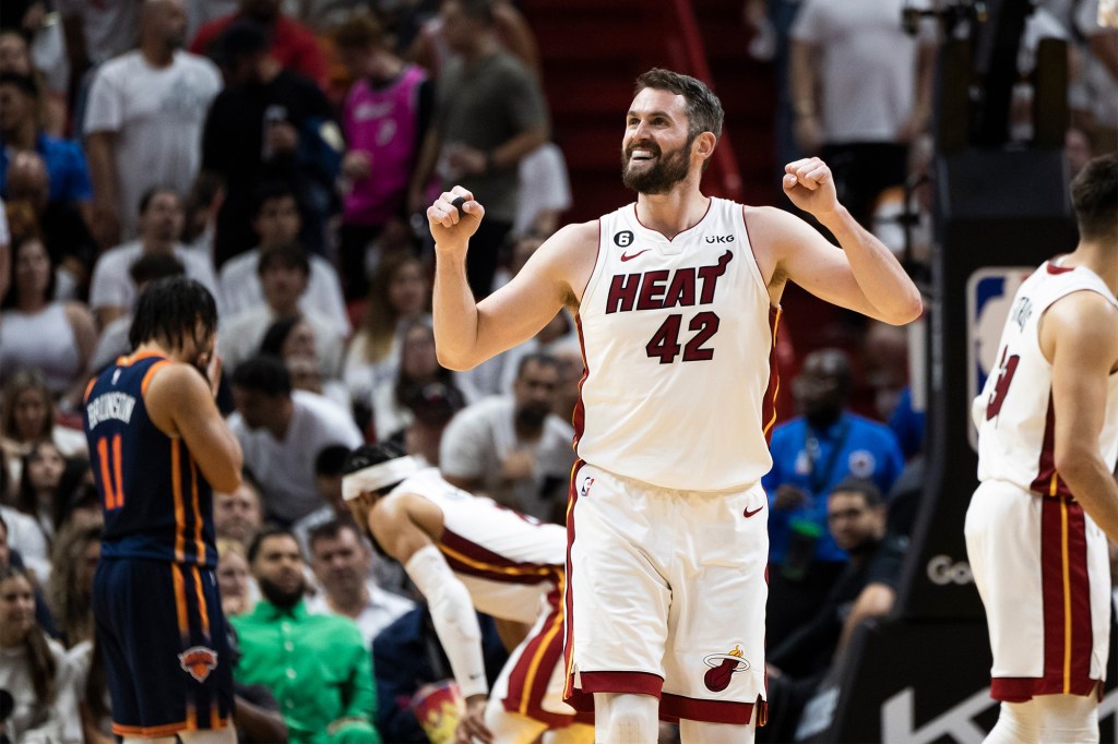 Kevin Love celebrates during the second half of the Heat's Game 6 win.