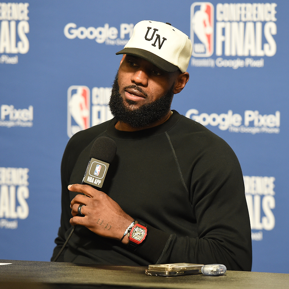 Lakers star LeBron James speaks to the media after Game 4 of the Western Conference Finals 2023 NBA Playoffs against the Denver Nuggets on May 22, 2023 at Crypto.Com Arena in Los Angeles, California. 