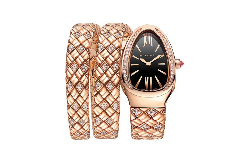 Close up of Bulgari Serpenti Spiga watch in 18-k rose gold with diamonds.