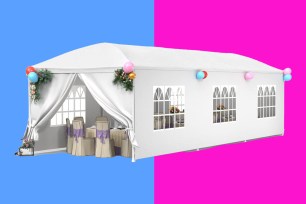 Large white tent on a blue and pink background.