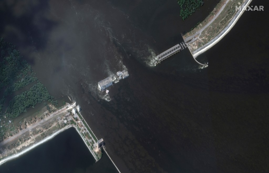 This image provided by Maxar Technologies, shows Kakhovka dam and station in Ukraine after collapse, on June 7, 2023.