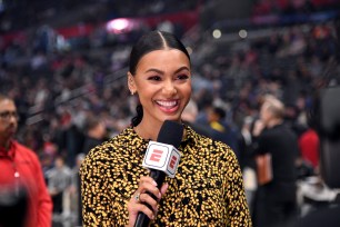 Malika Andrews, ESPN sideline reporter, during the Denver Nuggets and Los Angeles Clippers games at Crypto.com Arena on January 13, 2023 in Los Angeles, California.