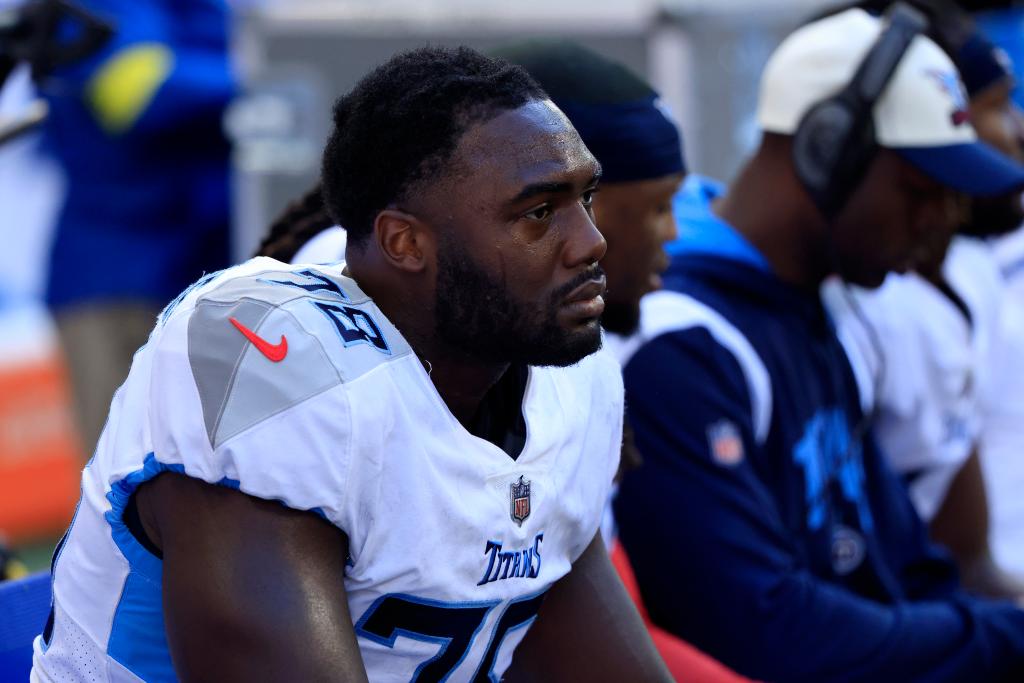 Nicholas Petit-Frere #78 of the Tennessee Titans on the sidelines