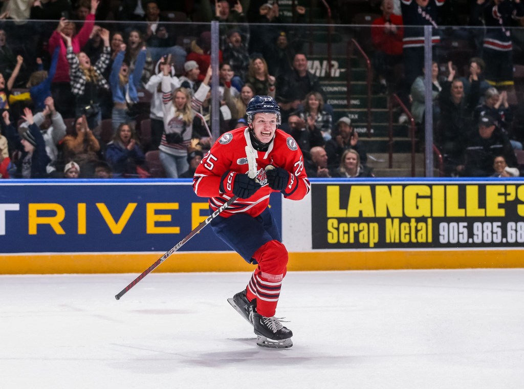 Dylan Roobroeck #25 of the Oshawa Generals celebrates his game-winning overtime goal