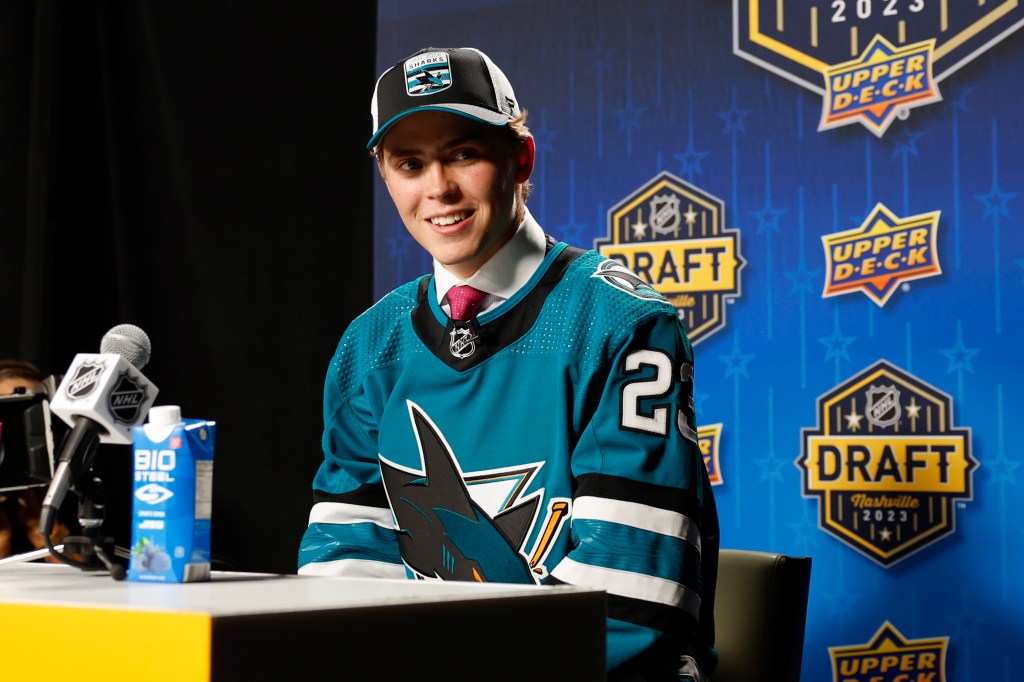 William Smith of the San Jose Sharks speak to the media after being drafted with the fourth overall pick during round one.