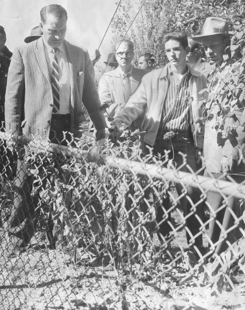 Leslie Arnold points to where his parents' bodies were buried in their backyard on Oct. 11, 1958.