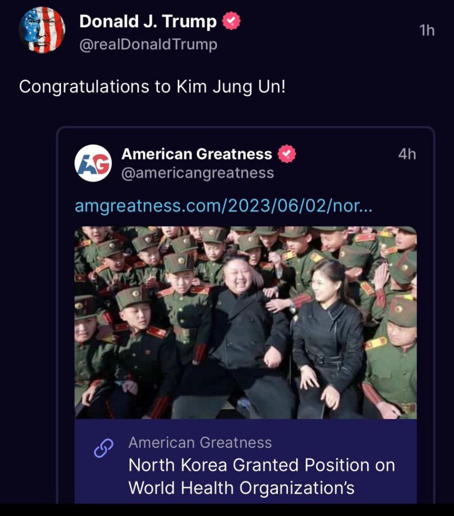 Trump congratulating Kim Jong Un after North Korea's admission to the World Health Organization's Executive Board.