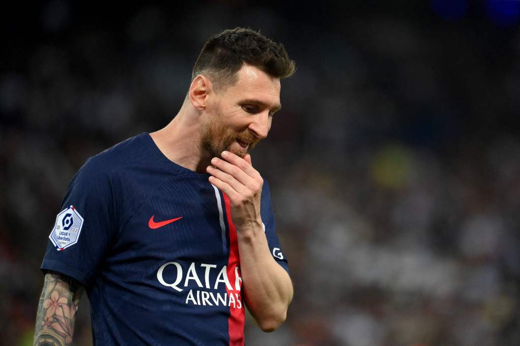 Messi reacts during the French L1 football match.