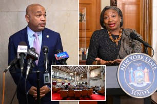 Carl Heastie in between microphones and a white marble wall alongside photo of Andrea Stewart-Cousins standing with trademark scarf in between microphones and a wooden door