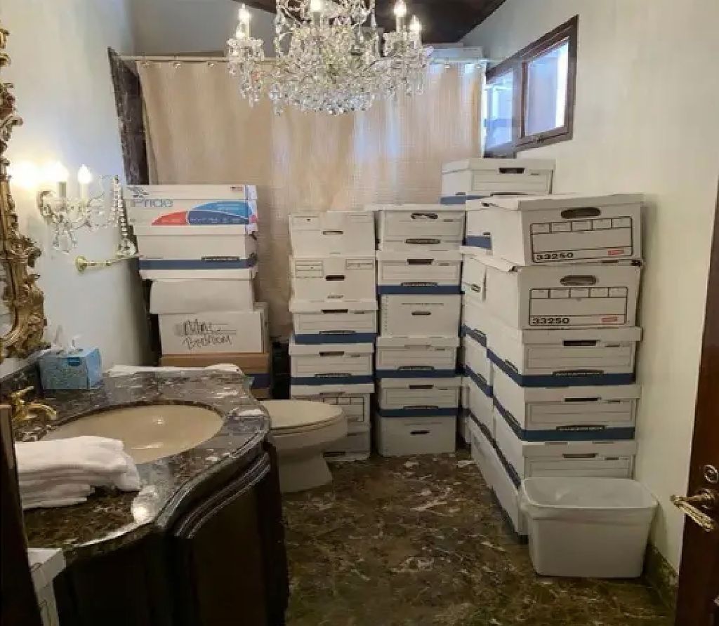 Boxes that allegedly contained classified documents in a bathroom at Mar-a-Lago. 