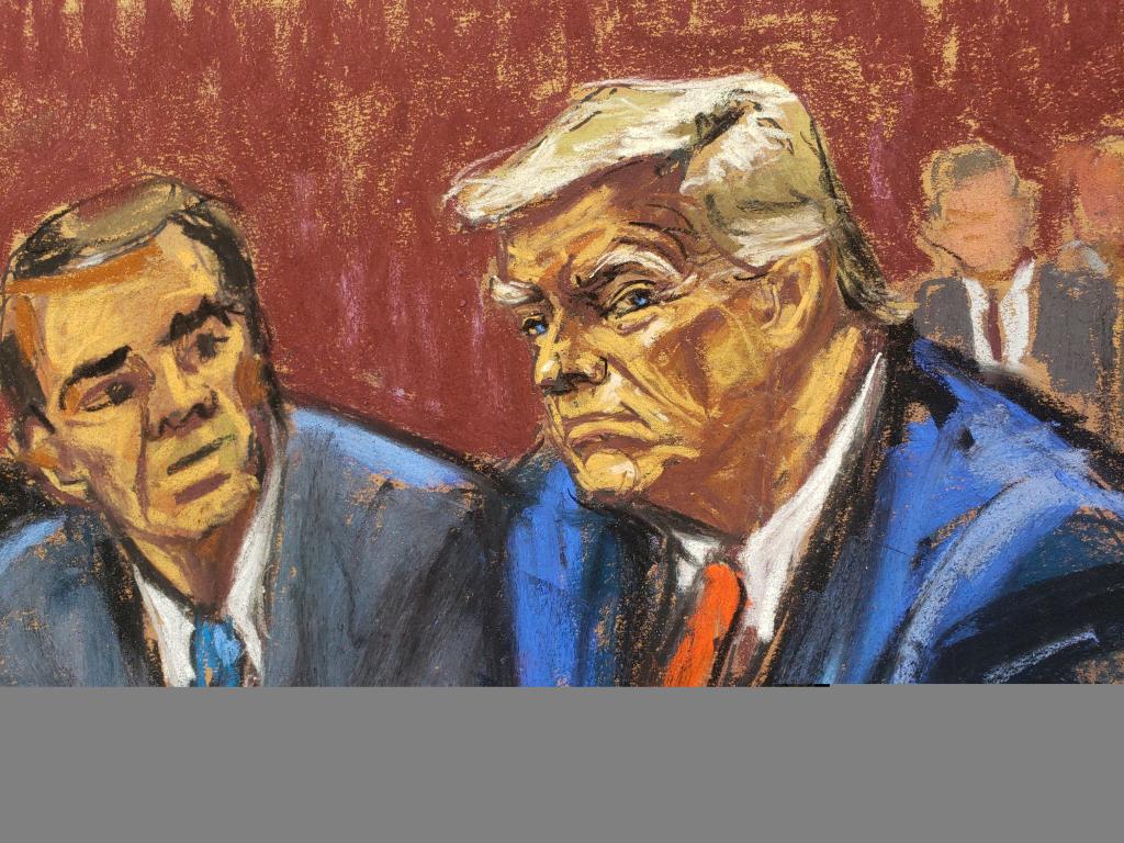 Sketch artist drawing of Trump in court Tuesday.