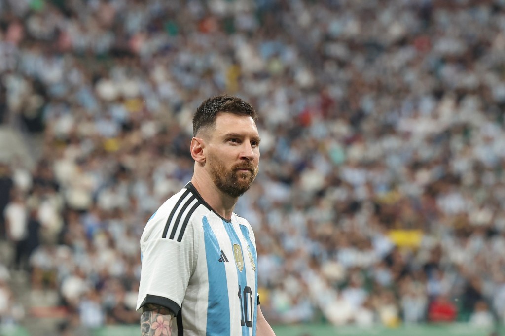 Messi of Argentina reacts during the international friendly match between Argentina and Australia.
