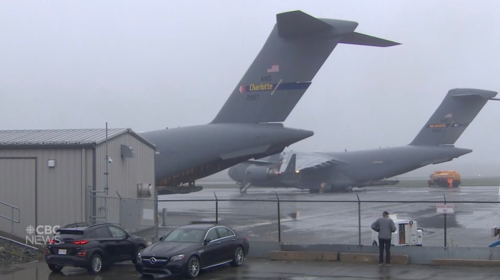The massive C-17 Globemasters landed late Tuesday at St. John’s Airport in Newfoundland.