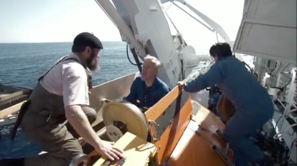 James Cameron preparing to dive in a submersible to the wreckage of Titanic