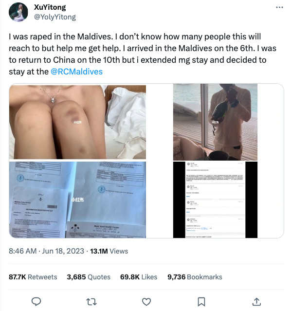 Xu resorted to sharing her story on social media after the hotl refused to help her, refund her stay, or fire the alleged rapist employee. 