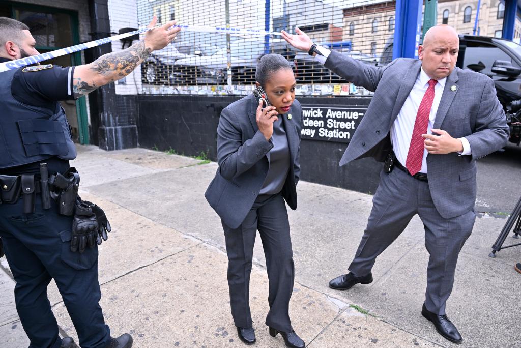NYPD Commissioner Keechant Sewell arriving at the Brooklyn subway station.